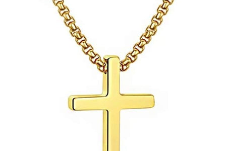 Easter Basket Stuffers - Cross Necklace for Men Teen Boys, Silver Black Gold Stainless Steel Plain Cross Pendant Necklace Box Chain 16-30 Inch