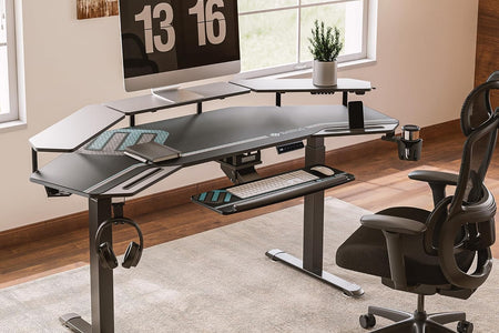 Gaming Desk, Standing Desk Keyboard Tray, 72" Wing Shaped Music Studio Desk Electric Adjustable Height Desk Sit Stand Desk with LED Shelves, Gaming Recording Live Stream, Slot Design