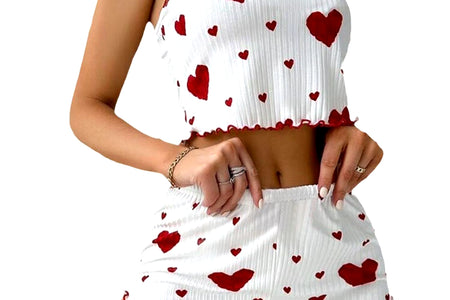 Women'S Pajamas Set Sleepwear 2 PCS Short Tank Tops and Shorts S M L White Ventilate Soft Casual Love Printing